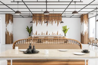 Dekoratif duvar panelleri, çerçeve, lambalar ahşap detaylarla dolu bir yatak başlığı ve masa üstü olan beyaz bir kafe. Beton zemin. Modern restoran tasarımı kavramı. 3d oluşturma