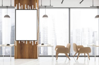 Panoramik kafenin içi posterli, masaların yanında orijinal duvar panelleri ve bej koltuklar var. Beton zemin. Modern restoran tasarımı kavramı. 3d oluşturma