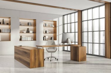 Ofis odasının iç manzarası panoramik pencereli şehir gökdelen manzaralı, masaüstü, koltuk, beyaz duvar, masa, kitap rafları ve beton zemin. 3D oluşturma işlemi için mükemmel bir yer