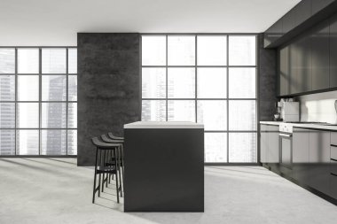 Koyu renk mutfak içi ahşap zemin, boş gri duvar, bar taburesi, Singapur gökdelenleri manzaralı panoramik pencere. Çağdaş İskandinav minimalist tasarımı. 3d oluşturma