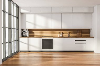 Mutfak odası, meşe ağacından zemin, elektrikli fırın, Singapur şehri gökdelenleri manzaralı panoramik pencere, kahve makinesi ve soba. Çağdaş İskandinav minimalist tasarımı. 3d oluşturma