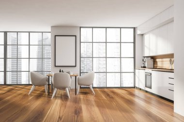 Mutfak odası içi beyaz boş poster, masa ve dört koltuk, elektrikli fırın, Singapur gökdelenleri manzaralı panoramik pencere. Çağdaş İskandinav minimalist tasarım 3D