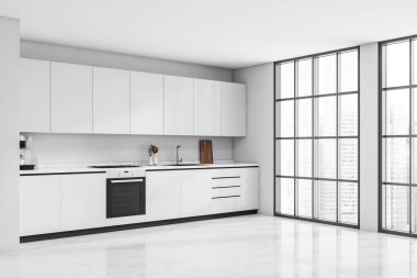 Panoramik köşesi beyaz mutfak alanı, basit minimalist dolaplar, siyah iç döşemeler ve beton döşemeler. Modern apartman tasarımı kavramı. 3d oluşturma