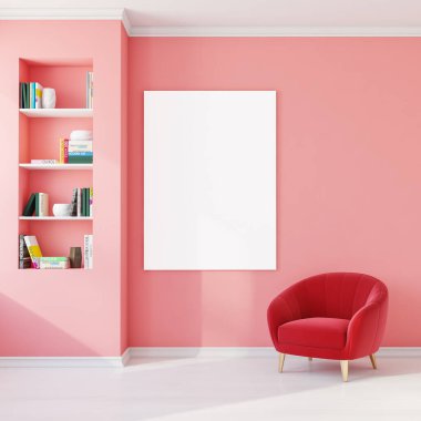 Oturma odasının içinde pembe duvarında beyaz boş bir poster, rahat bir koltuk, kitaplık ve beton zemin. Minimalist tasarım kavramı. Model yap. 3d oluşturma