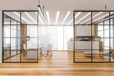 Panoramik CEO çalışma alanı çerçeveli cam duvarlı giriş eğilimli doğrusal ışıklar ve beyaz mobilyalar. Tahta döşeme. Modern ofis tasarımı kavramı. 3d oluşturma