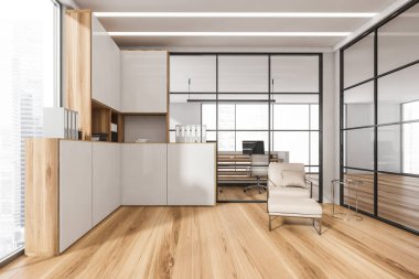 Çerçeveli cam bölme duvarları, LED ışıkları, parke, köşedeki dolap, sehpalı bej koltuk ve trend sehpası olan ofis içi. Modern çalışma alanı tasarımı kavramı. 3d oluşturma