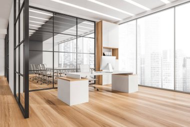 Ofis masası, dolap, siyah çerçeveli cam duvarın arkasındaki konferans odası, aralıklı doğrusal ışıklar, parke ve panoramik manzara. Modern çalışma alanı tasarımı kavramı. 3d oluşturma
