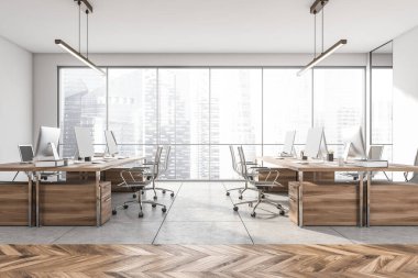 Ofis odasının iç tarafında panoramik pencere, Singapur şehri gökdeleni, sekiz bilgisayar, koltuklar, beyaz duvar, beton ve parke zemin. Çalışma için uygun bir yer. 3d oluşturma
