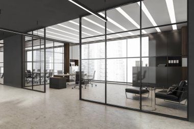 CEO 'nun iç mekanı cam çerçeveli duvar bölümleri, LED doğrusal ışıkları moda dolaplarında iki tane, ofis masası ve rahat bekleme alanı. Modern panoramik ofis binası kavramı. 3d oluşturma