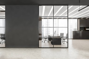 Aksanlı gri detayları olan siyah çerçeveli cam bölmeler, LED doğrusal ışıklar, beton zemin ve işyeri. Modern ofis binası kavramı. 3d oluşturma