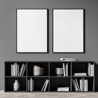 Karanlık oturma odasının içini iki beyaz posterle yakından görmek kitaplar, çanak çömlek ve meşe ağacından parke zeminli kitaplık. Minimalist tasarım kavramı. Model yap. 3d oluşturma