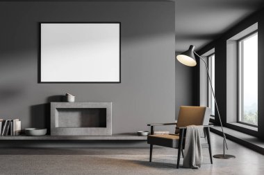 İçi koyu gri oturma alanı. Model posteri, koltuk, şömine, sehpa, lamba, duvar bölmesi ve beton zemin. Çağdaş minimalist tasarım kavramı. 3d oluşturma