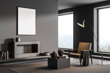 Gri bekleme odasının iç köşesinde model poster, şömine, koltuk, sehpa, lamba, halı ve beton zemin var. Çağdaş minimalist tasarım kavramı. 3d oluşturma