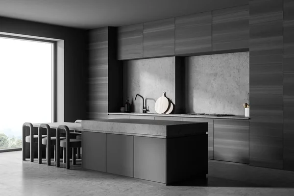 角落可以看到黑暗厨房的内部 有餐桌 六张椅子 水泥地板 电饭锅 当代斯堪的纳维亚简约主义设计 做饭的好地方 3D渲染 — 图库照片
