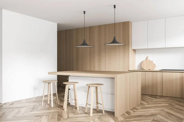 白い壁 寄木細工と3つのスツールと中央テーブルの上に2つの黒いペンダントランプと木製のキッチンインテリアのコーナー モダンな家のデザインのコンセプト 3Dレンダリング — ストック写真
