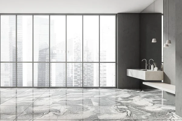 Cuarto Baño Oscuro Interior Con Lavabo Pared Hormigón Espejo Ventana — Foto de Stock