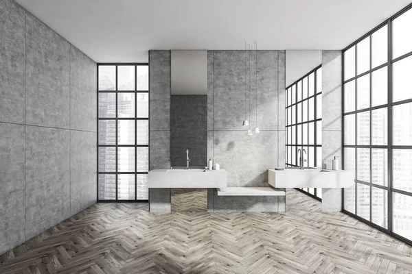 Bright Bathroom Interior Double Sink Concrete Grey Wall Mirror Panoramic — Stock Photo, Image