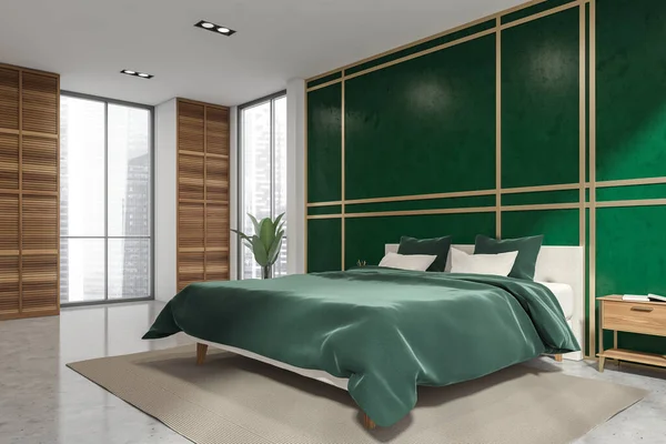 Esquina Del Dormitorio Interior Con Cama Verde Con Pared Ventanas — Foto de Stock