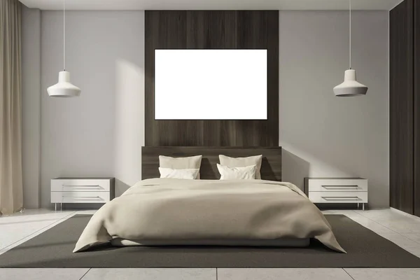 明亮的卧室内部 空海报 床头柜 灯和混凝土瓷砖地板 为冷静和放松而设计的丑闻式简约设计的概念 把它弄坏了3D渲染 — 图库照片