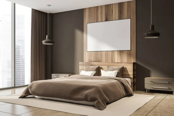 Slaapkamer Interieur Met Groot Bed Lege Poster Panoramisch Raam Nachtkastjes — Stockfoto