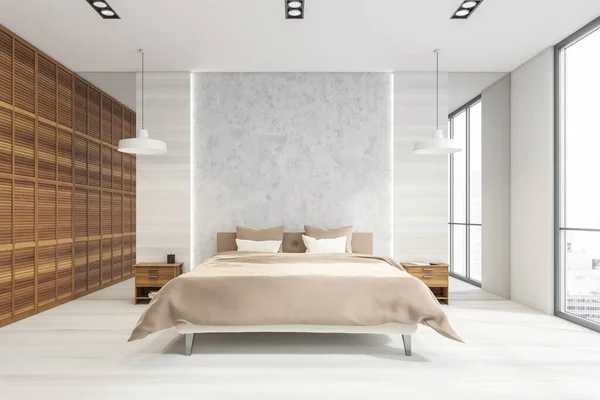 Helles Holzschlafzimmer Mit Hellen Holzdetails Panoramafenstern Zwei Pendelleuchten Grauer Steinwandabtrennung — Stockfoto
