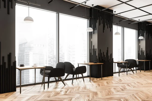 Esquina Del Interior Cafetería Minimalista Con Paneles Pared Negros Paredes — Foto de Stock