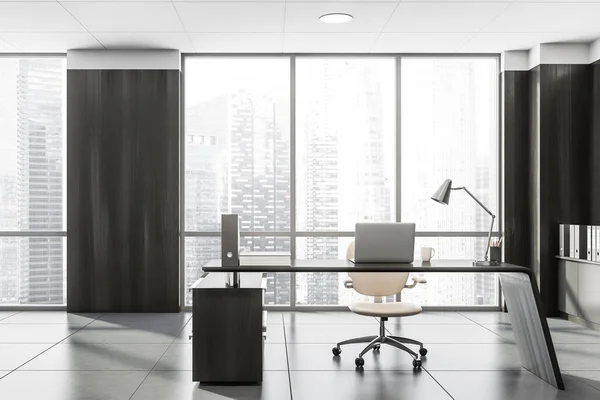 Front View Dark Office Interior Panoramic Window City Skyscraper Laptop — Stock Photo, Image