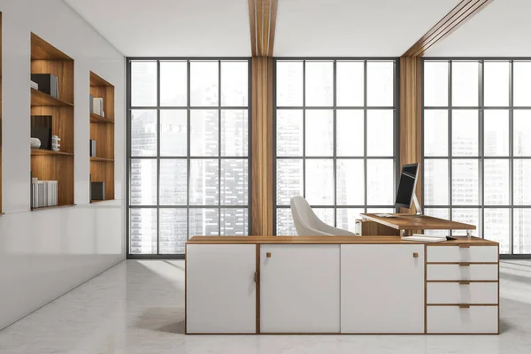 Side view on office room interior with panoramic window with city skyscraper view, desktop, armchair, white wall, desk, bookshelves and concrete floor. Perfect place for working process. 3d rendering