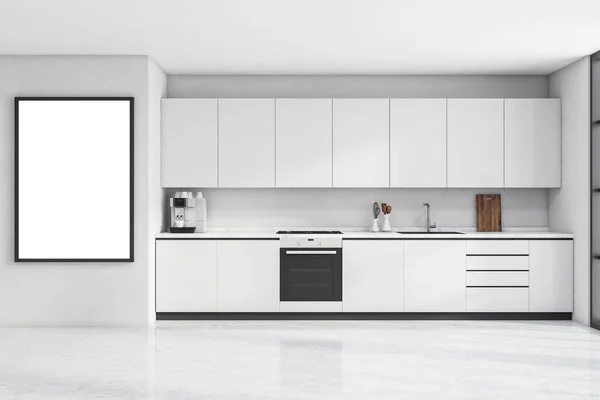 Cartel Cerca Nueva Cocina Moderna Todo Blanco Con Armarios Simples — Foto de Stock