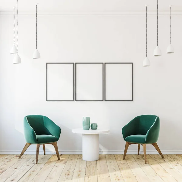 Galerij Kamer Interieur Met Drie Witte Lege Posters Comfortabele Arcmhair — Stockfoto