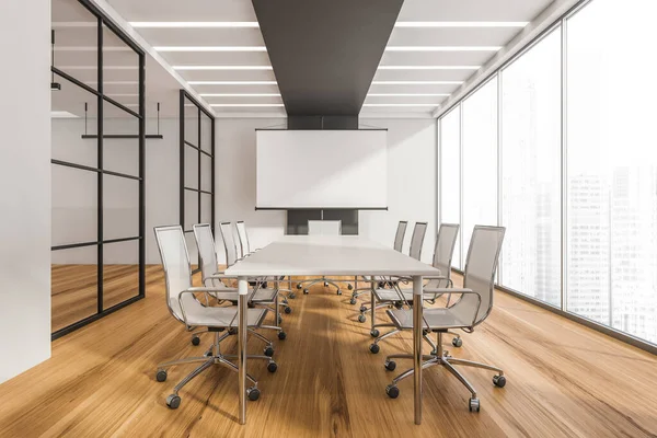 Panorama Konferenzraum Mit Tisch Rollstühlen Led Leuchten Flipchart Glaswandabtrennungen Schwarzen — Stockfoto
