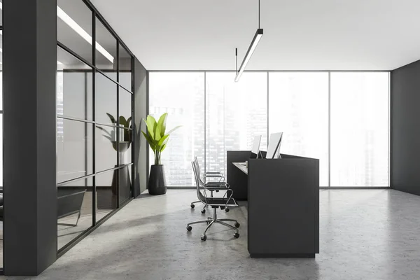 双接待台侧视图 全景背景 灰色内部细节 时尚光 混凝土地面和框架玻璃隔墙 现代办公室设计的概念 3D渲染 — 图库照片