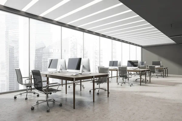 Panoramic Workplace Interior Three Combined Office Desks Grey Wall Ledge — Stock Photo, Image