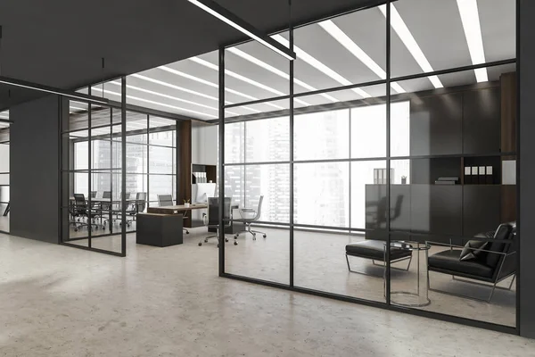 Interior Escritório Ceo Com Divisórias Parede Moldadas Preto Vidro Luzes — Fotografia de Stock