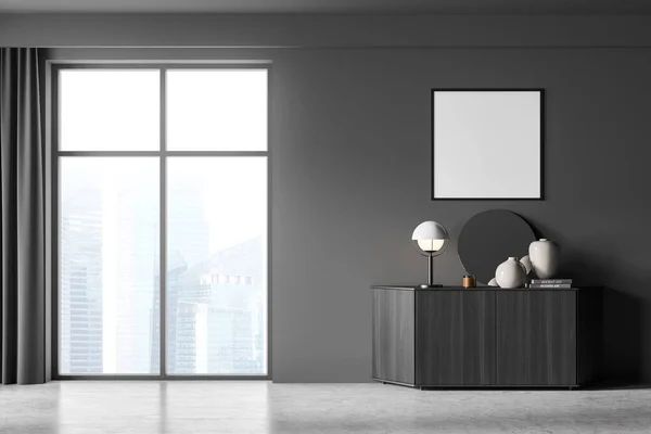 Interiér Tmavého Obývacího Pokoje Bílým Prázdným Plakátem Příborník Zrcadlem Panoramatické — Stock fotografie