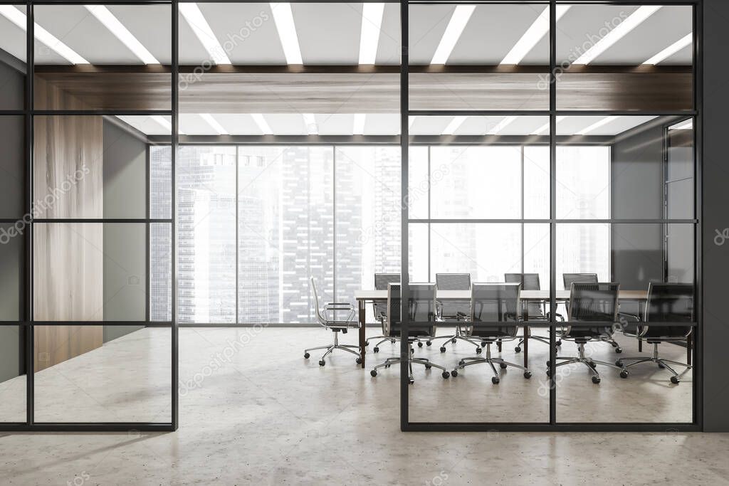 Corridor with half empty panoramic grey conference room behind the two framed glass wall partitions. Concrete floor. A concept of modern office building design. 3d rendering