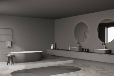 Minimalist tasarımın modaya uygun detaylarıyla dolu koyu gri bir banyo. Parke tarzı döşeme, gürültülü mermer bir platformla eşleştirilmiş. Modern bir ev kavramı. Köşe manzarası. 3d oluşturma.