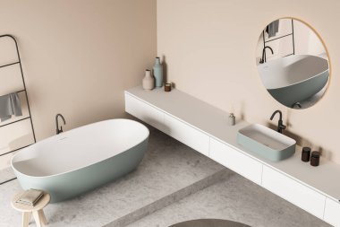 Banyo manzarası bej duvarlar ve oval yeşil seramik banyo küveti ile uyumlu lavabo. Yuvarlak aynalı moda tasarım. Gürültü mermer döşeme. 3d oluşturma
