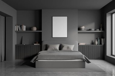 Poster in the bedroom with grey design, using two symmetric niches with two wooden basement ledges in interior with a bed, a window and a passage with curtains. Concrete floor. Mockup. 3d rendering clipart