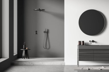 Minimalist kabini olan gri duş odası, alttaki gösterişli ayna, halı, beyaz duvar, pencereler ve taş zemin. Modern iç tasarım. 3d oluşturma