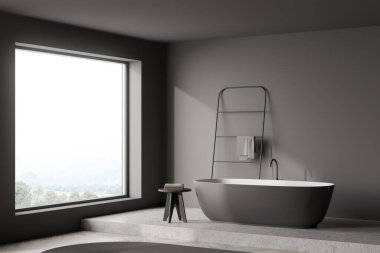 Oval seramik banyo küveti, ahşap tabure, mermer döşeme ve panoramik manzaralı koyu gri banyo içinin minimalist detayları. Modern ev tasarımı kavramı. 3d oluşturma