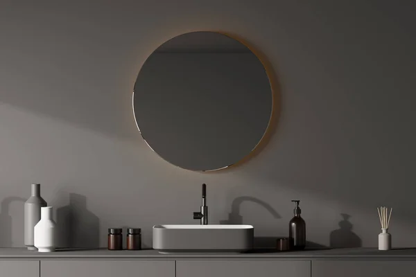 Trendy Floating Sink Vanity Having Drawers Mirror Illumination Bathroom Wall — Stock Photo, Image