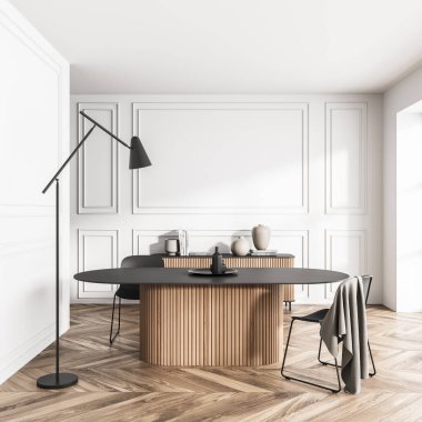 Beyaz duvarlar, ahşap malzemeler ve minimalist detaylarla dolu orijinal bir yemek odası. Parke döşeme. Modern ev tasarımı kavramı. 3d oluşturma