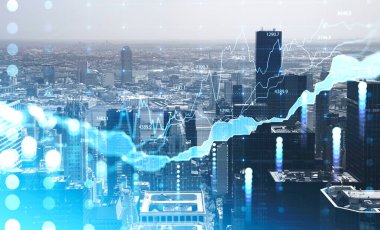 New York City gökdeleni şehir merkezi panoramik manzarası. Ön planda grafik ve çizgilerin olduğu bir mali tablo. Megapolis borsasında ticaret kavramı