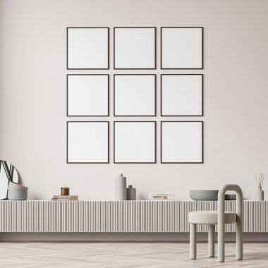 Galeri odası içinde bej duvar, sandalye, meşe ağacından parke zemin, vazo, kitaplar, çanak çömlek üzerinde dokuz boş beyaz poster var. Minimalist tasarımda sanat sergisi kavramı. Model yap. 3d oluşturma
