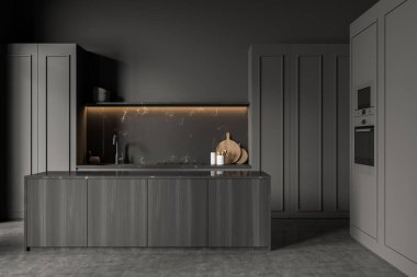 İçi koyu gri mermer kaplama, açık raf, kahvaltı masası, panelli dolaplar ve beton zemin. Modern ev tasarımı kavramı. 3d oluşturma