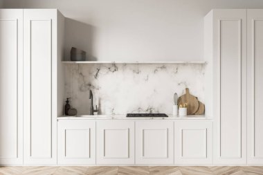Beyaz mutfak iç mimarisi. Panelleri ve mermer kaplamalı dolapları var. Atölye ve açık rafı var. Modern ev tasarımı kavramı. 3d oluşturma