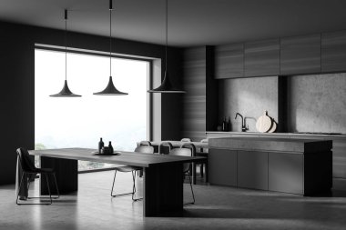 Koyu renk mutfak odasının içi, yemek masası, 12 sandalye, beton zemin, elektrikli fırın ve kırsal manzaralı panoramik pencere. Çağdaş İskandinav minimalist tasarımı. 3d oluşturma