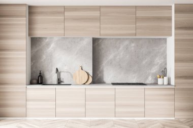 Mutfak odasının içini elektrikli fırın, meşe ağacından parke döşeme ve çanak çömlek ile yakından görebiliriz. Çağdaş İskandinav minimalist tasarımı. Yaratıcı fikir için boş alan. 3d oluşturma