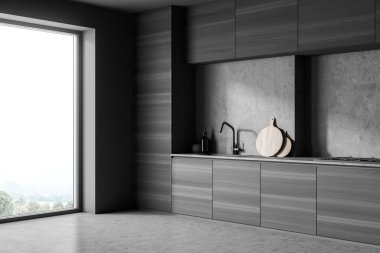 Karanlık, rahat mutfak odasının köşesinde elektrikli fırın, beton zemin ve panoramik pencere var. Çağdaş İskandinav minimalist tasarımı. Yaratıcı fikir için boş alan. 3d oluşturma